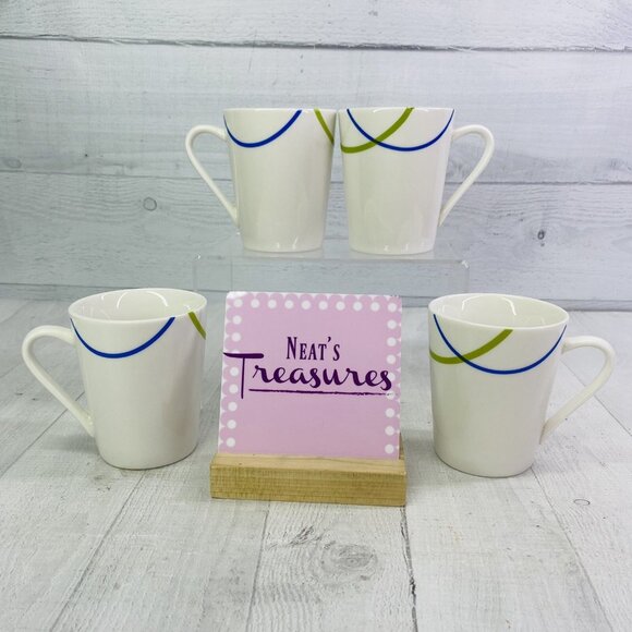 Gibson DIVINE STREAMS  Blue Green Lines White Porcelain 9oz Cups Mugs Set of 4 - Picture 1 of 12